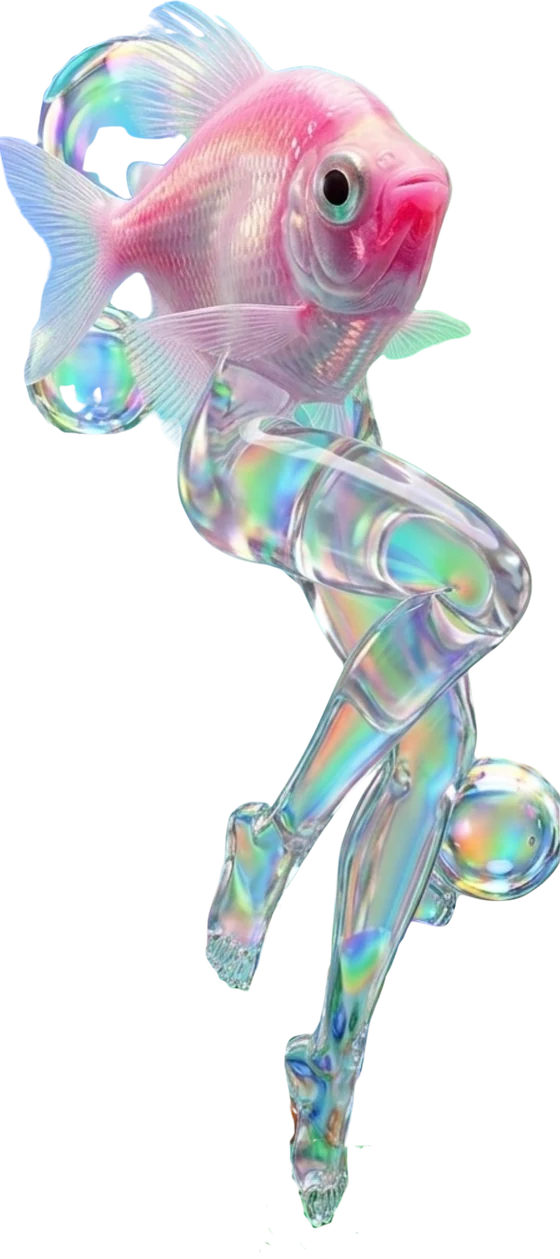 Princess Magenta — a pink fish above, holographic glass legs below, judging your aquascape with love